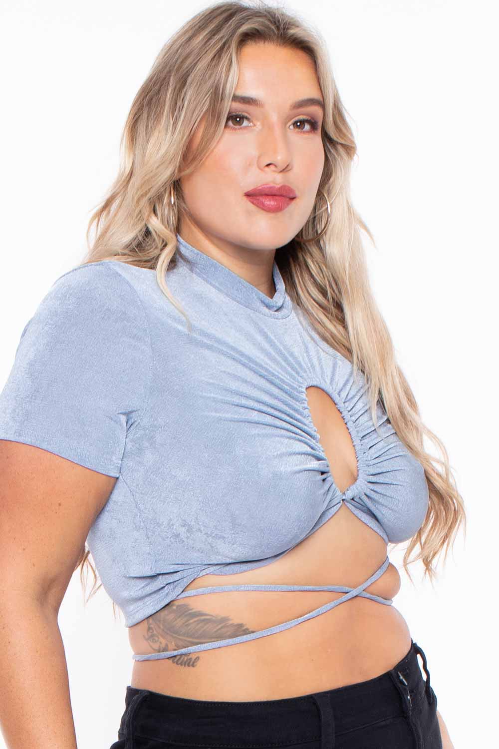 Curvy Sense Tops 1X / Blue Plus Size Kyomi Slinky Top  - Blue
