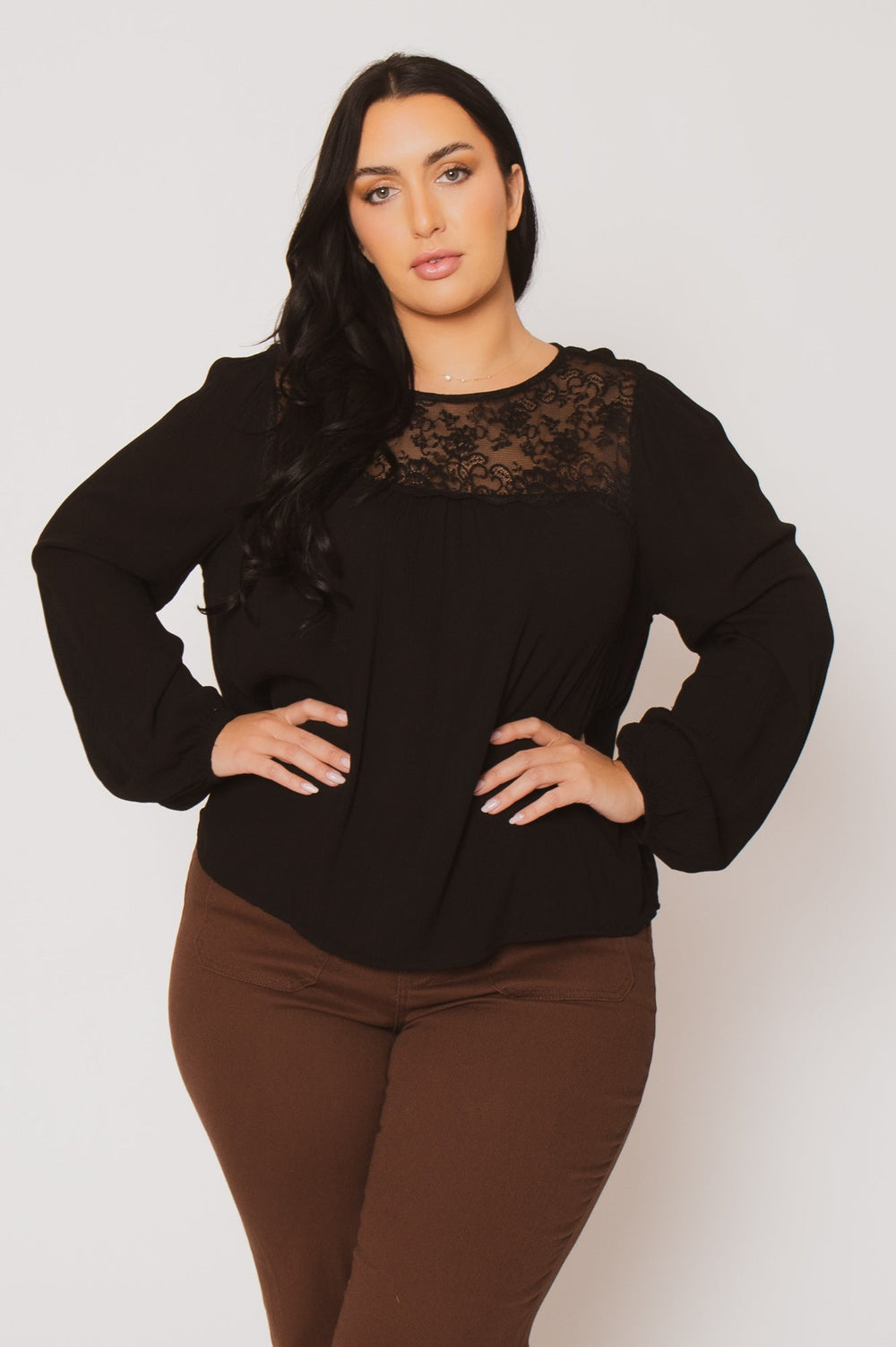 Ambiance Tops Plus Size Lacey Charm Top - Black