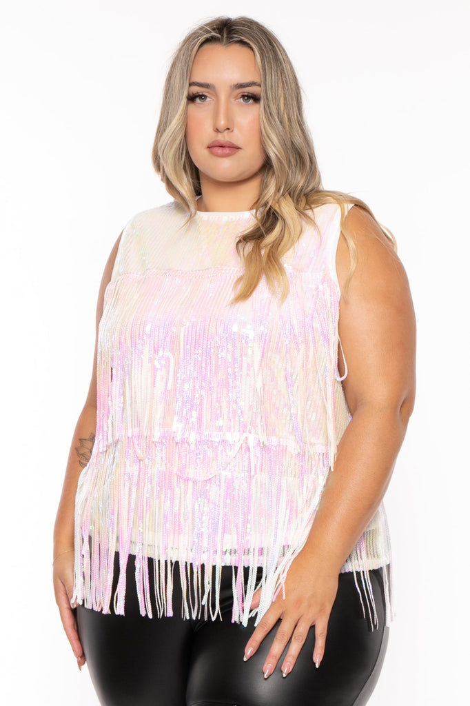 SHEIN Privé Women's Plus Size Sequin Fringe Tank Top