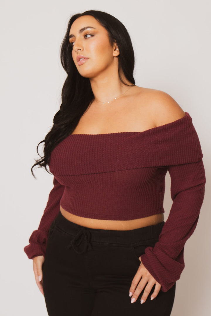 D ROCK Tops Plus Size Layla  Crop Sweater - Burgundy