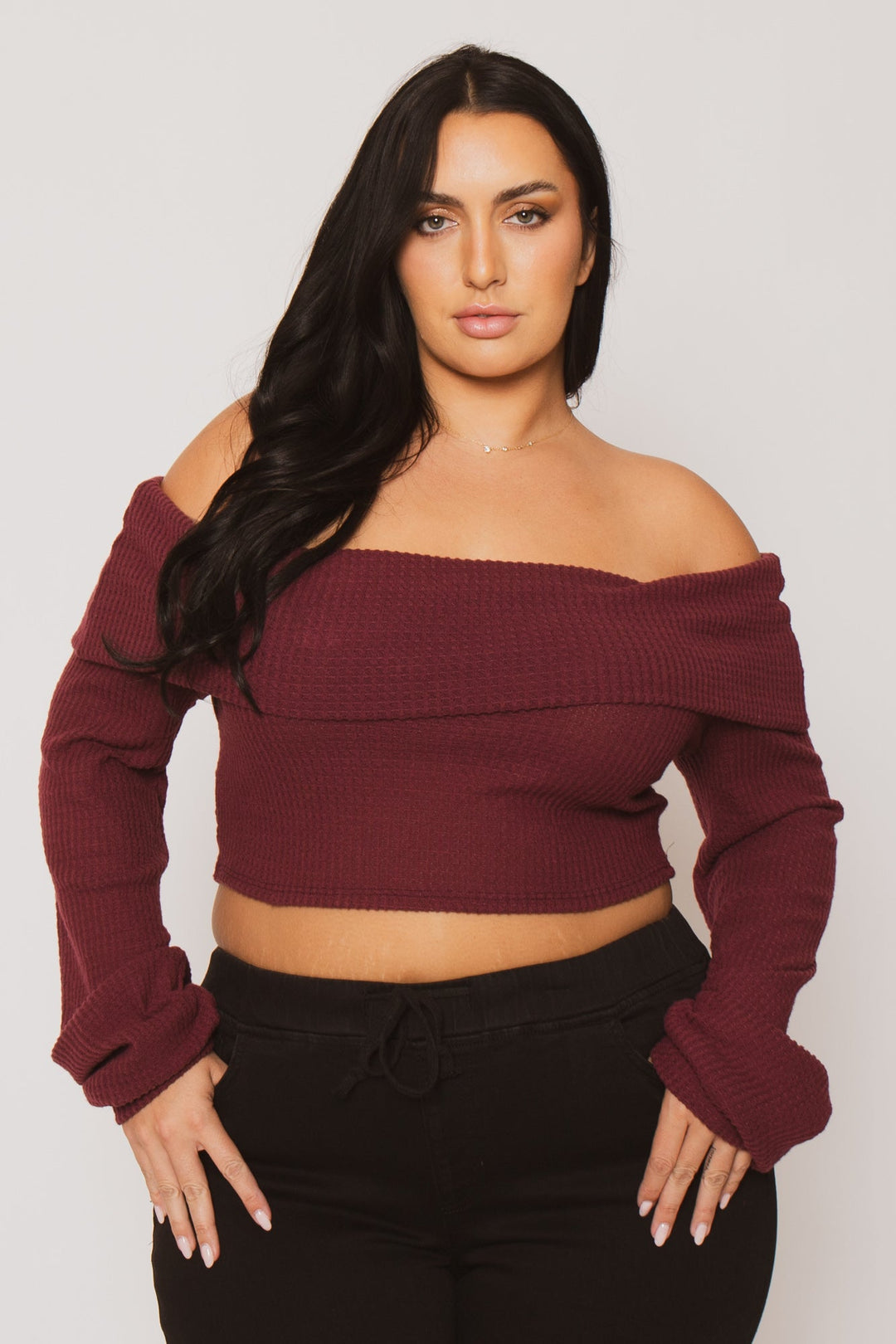 D ROCK Tops Plus Size Layla  Crop Sweater - Burgundy