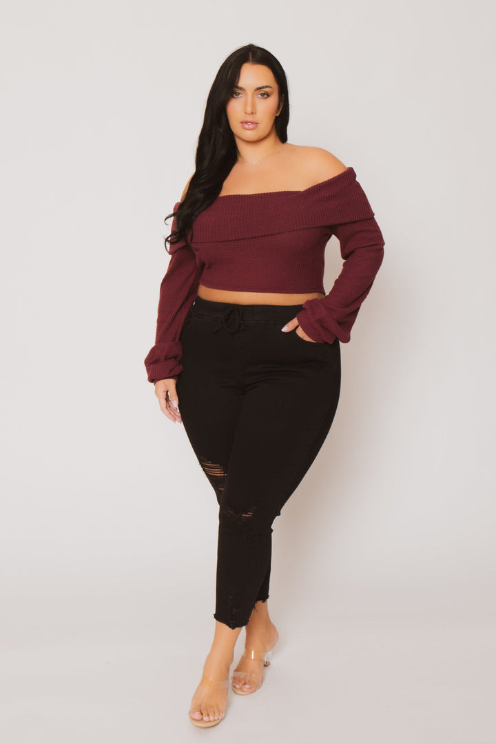 D ROCK Tops Plus Size Layla  Crop Sweater - Burgundy