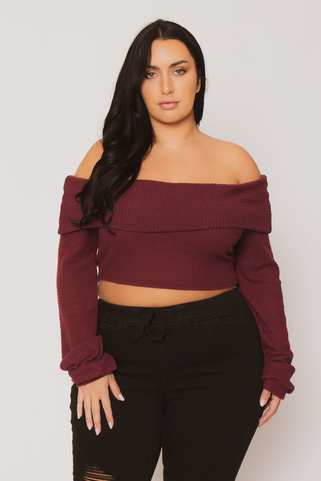 D ROCK Tops Plus Size Layla  Crop Sweater - Burgundy