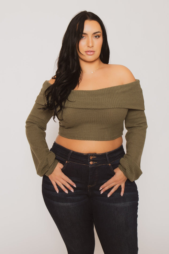 D ROCK Tops Plus Size Layla  Crop Sweater - Olive