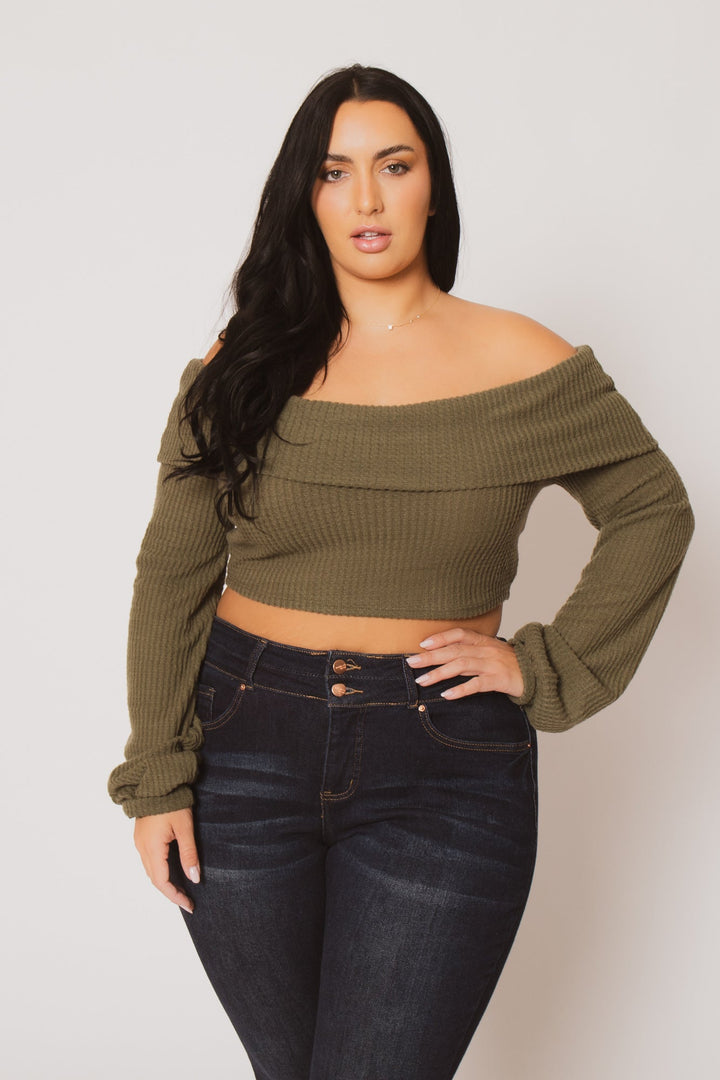 D ROCK Tops Plus Size Layla  Crop Sweater - Olive