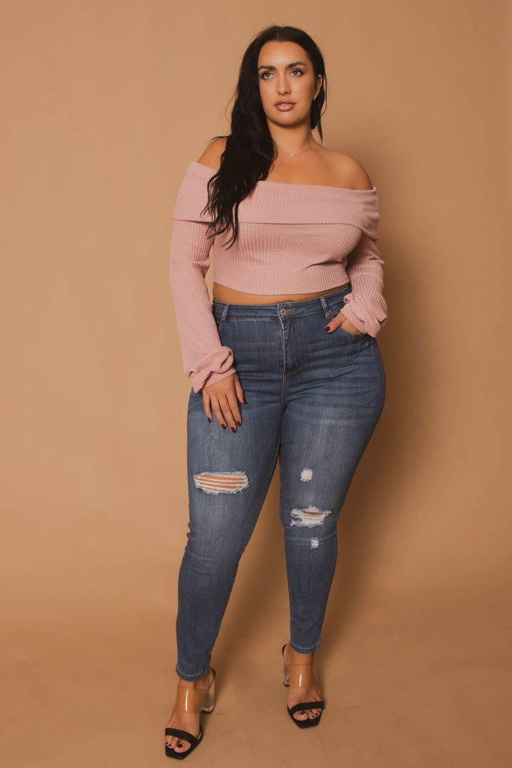 D ROCK Tops Plus Size Layla  Crop Sweater - Pink