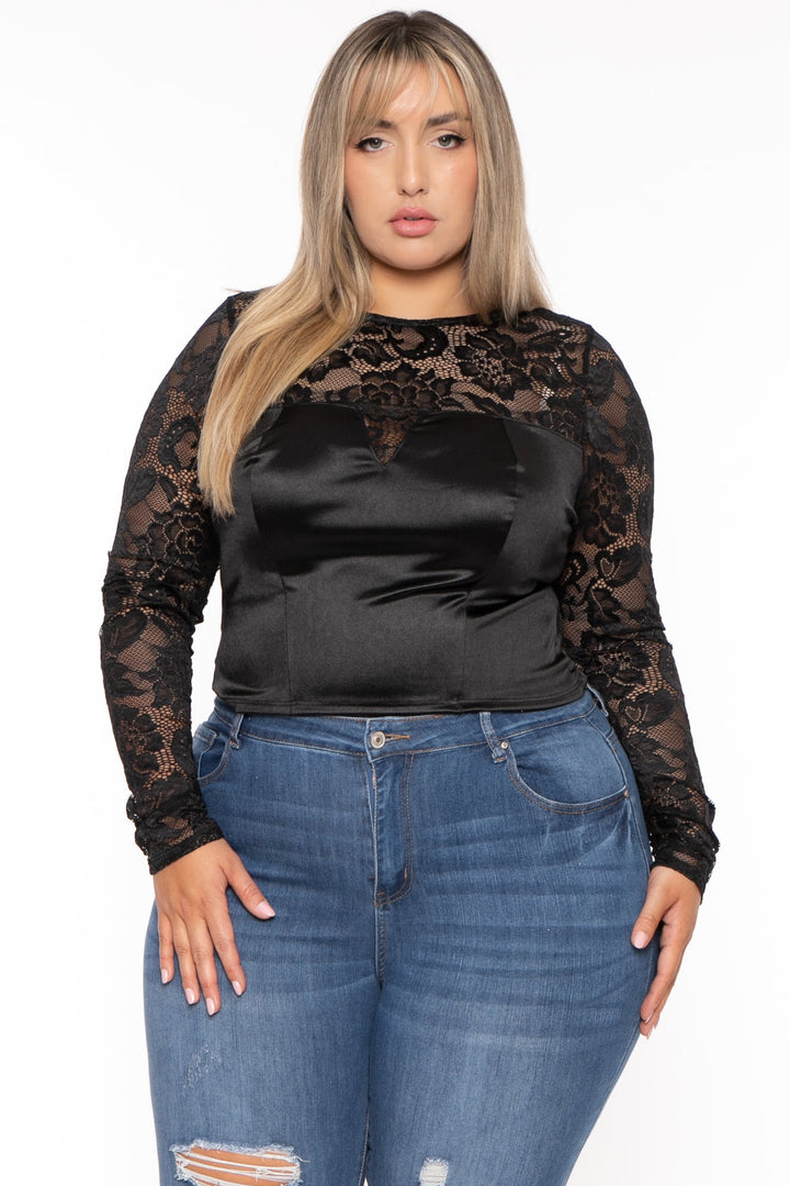 Curvy Sense Tops 1X / Black Plus Size Leisa  Lace Top- Black