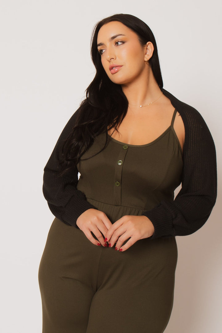 Blue Leopard Tops Plus Size Lena Waffle Knit Shrug - Black