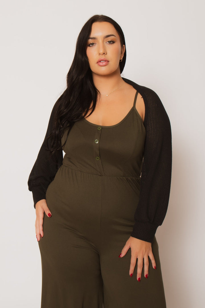 Blue Leopard Tops Plus Size Lena Waffle Knit Shrug - Black