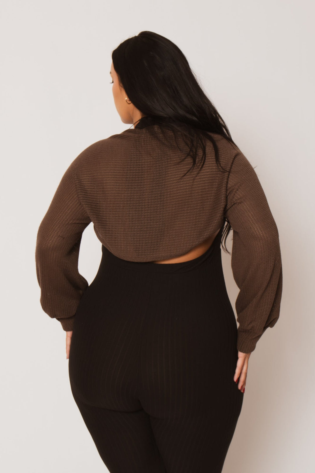 Blue Leopard Tops Plus Size Lena Waffle Knit Shrug - Brown