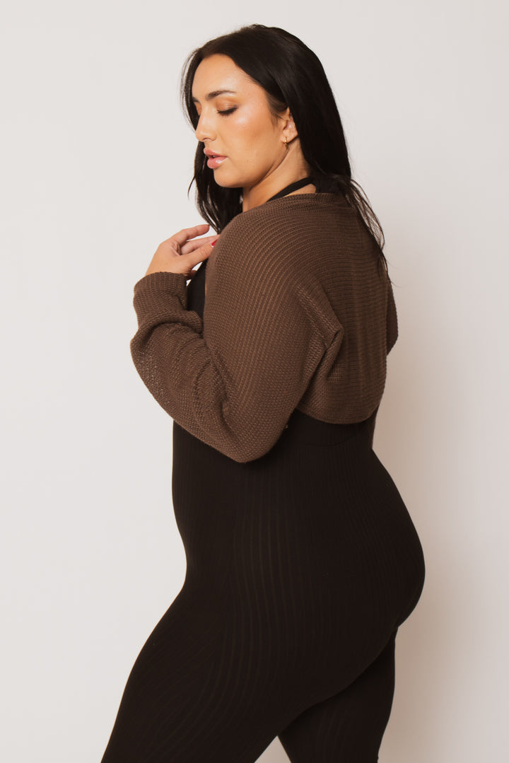 Blue Leopard Tops Plus Size Lena Waffle Knit Shrug - Brown