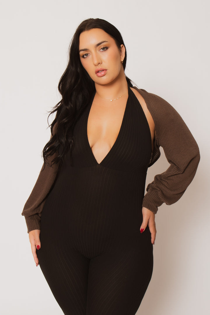 Blue Leopard Tops Plus Size Lena Waffle Knit Shrug - Brown