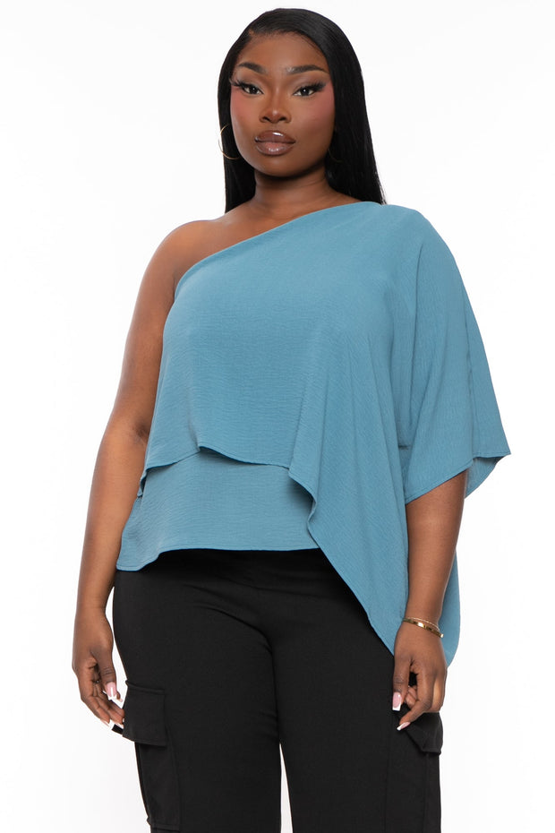 Jade by Jane Tops 1X / Teal Plus Size Lexi One Shoulder Top- Teal