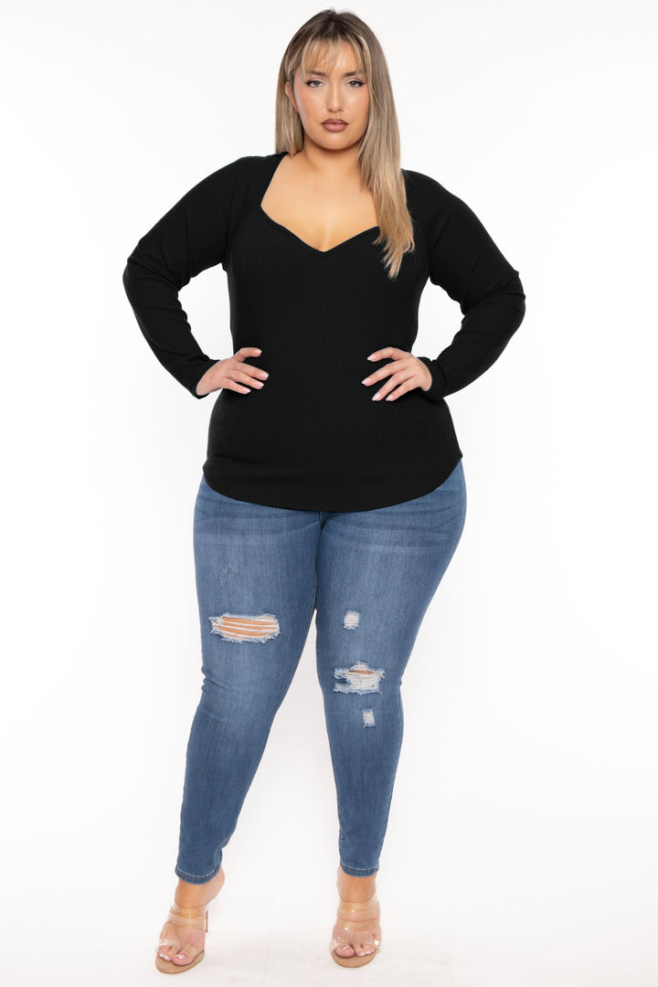 CULTURE CODE Tops 1X / Black Plus Size  Lia Sweetheart Ribbed  Top- Black