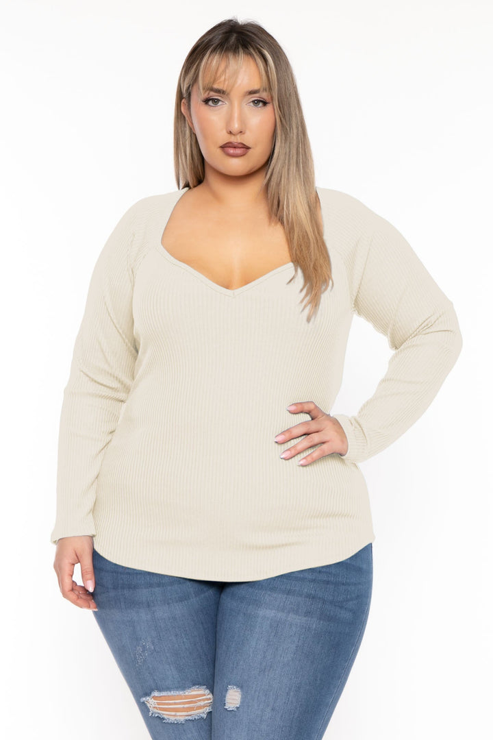 CULTURE CODE Tops Plus Size  Lia Sweetheart Ribbed  Top- Cream