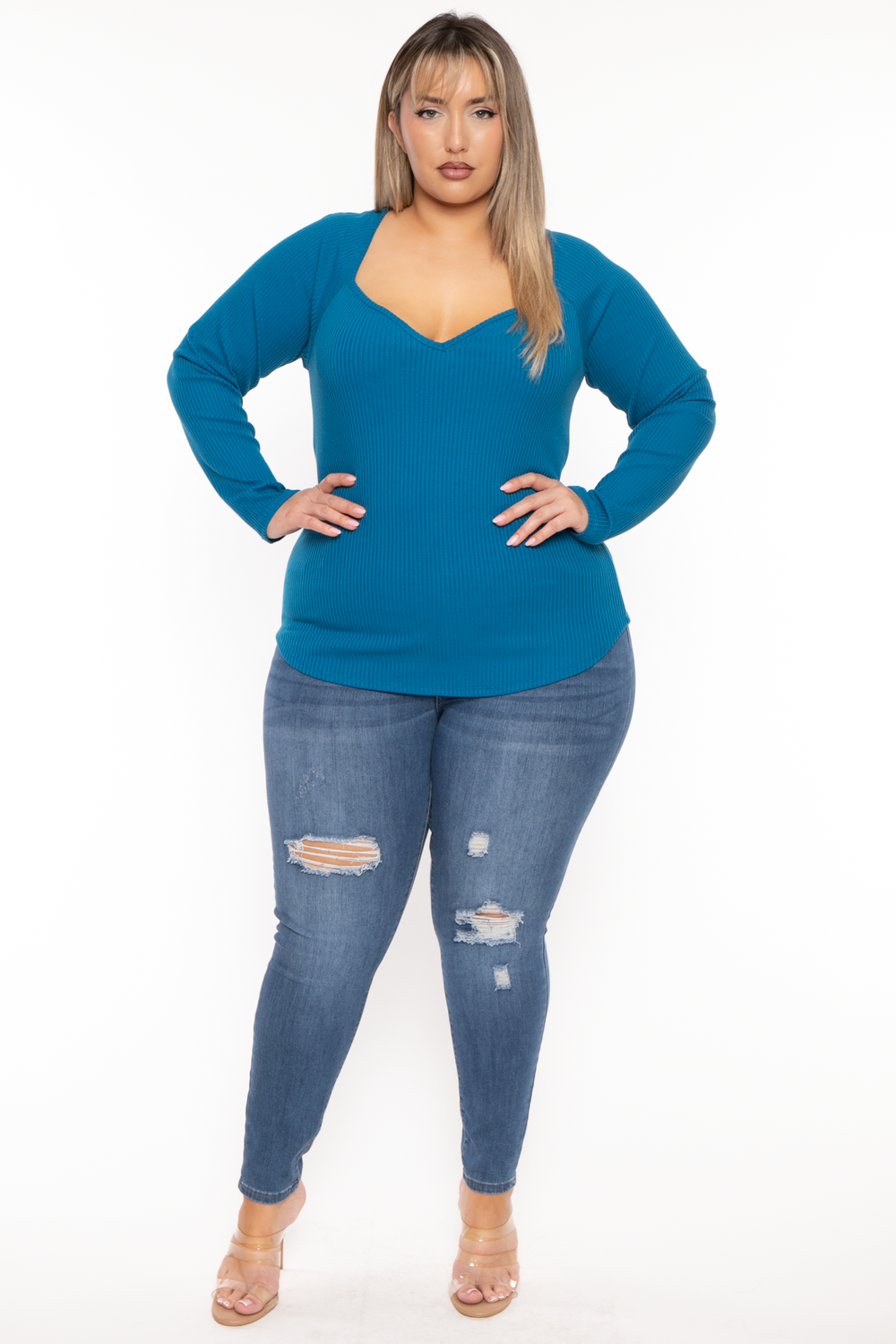 CULTURE CODE Tops Plus Size  Lia Sweetheart Ribbed  Top- Teal