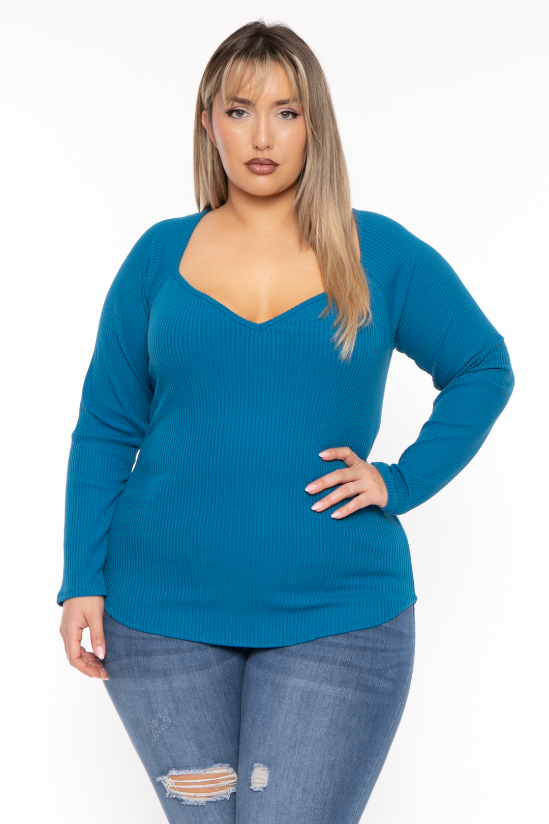 CULTURE CODE Tops 1X / Teal Plus Size  Lia Sweetheart Ribbed  Top- Teal