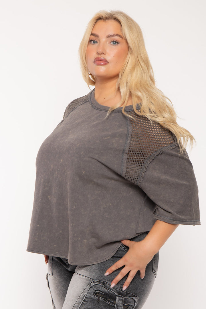 Jade By Jane Tops Plus Size Lori Fishnet Top- Charcoal