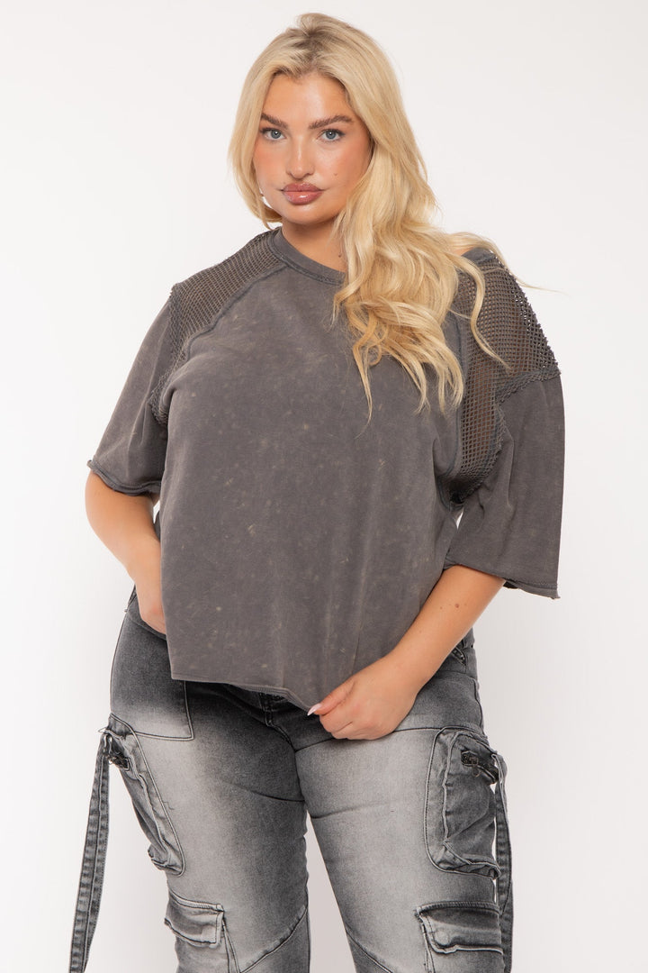 Jade By Jane Tops Plus Size Lori Fishnet Top- Charcoal