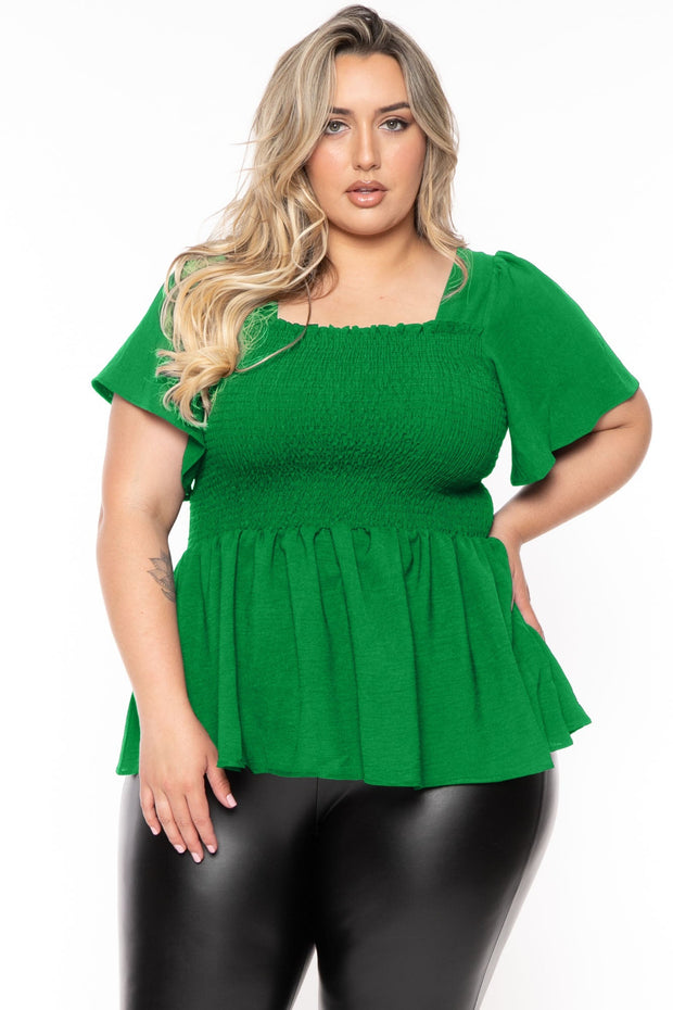 Blue Leopard Tops 1X / Green Plus Size Lucie Smocked Top - Green