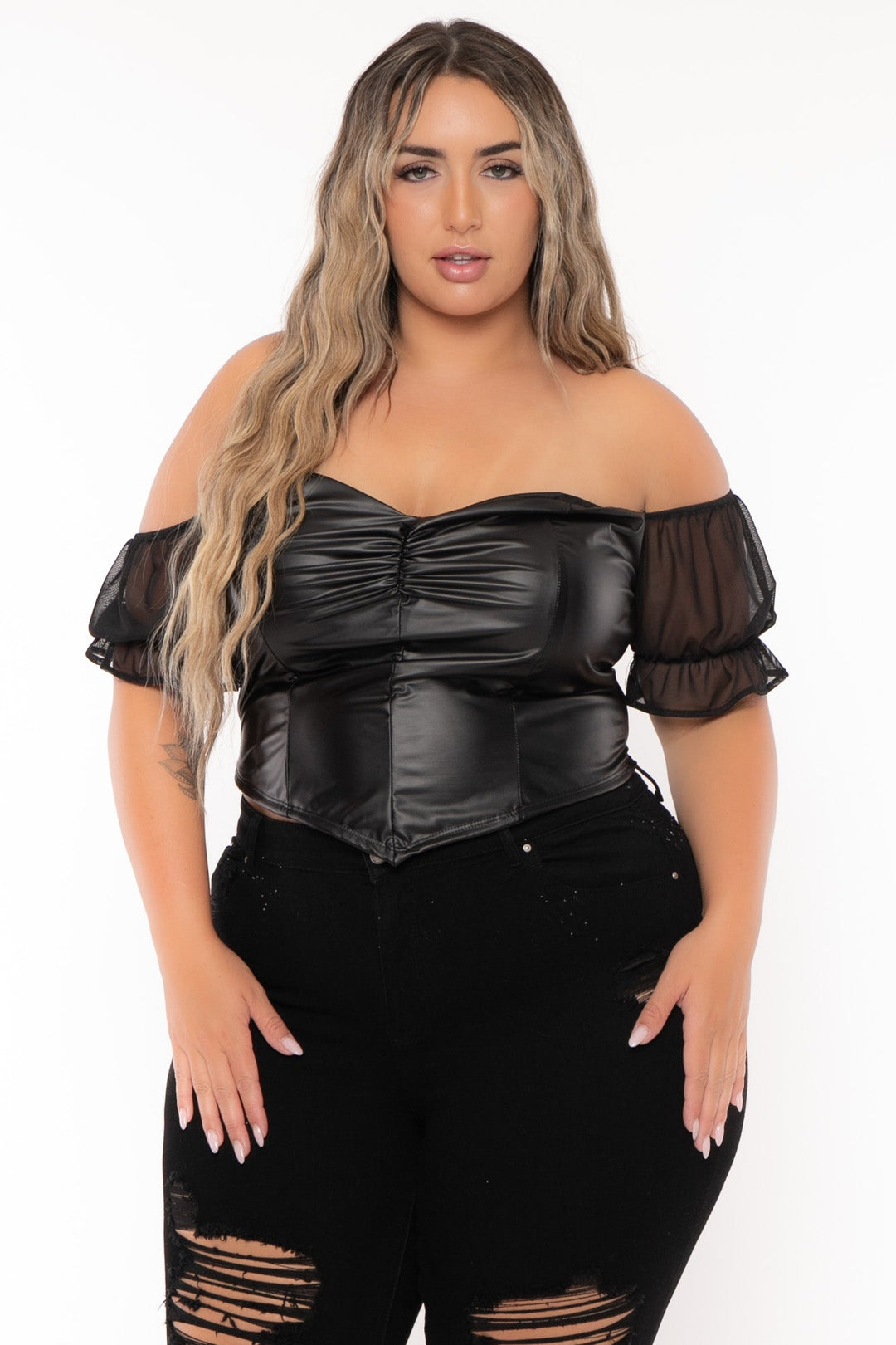 Curvy Sense Tops Plus Size Malia Faux Leather   Top-Black
