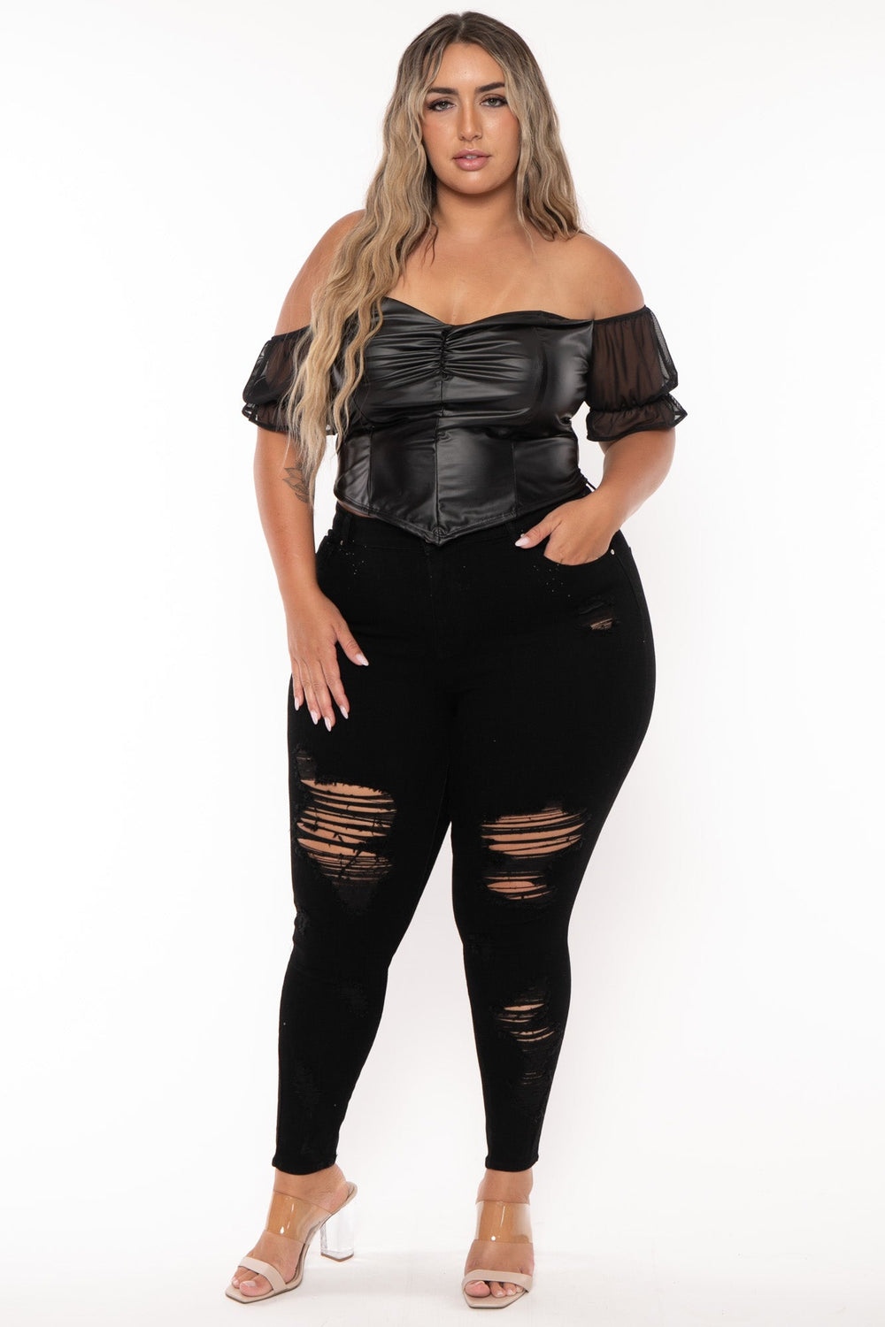 Curvy Sense Tops Plus Size Malia Faux Leather   Top-Black