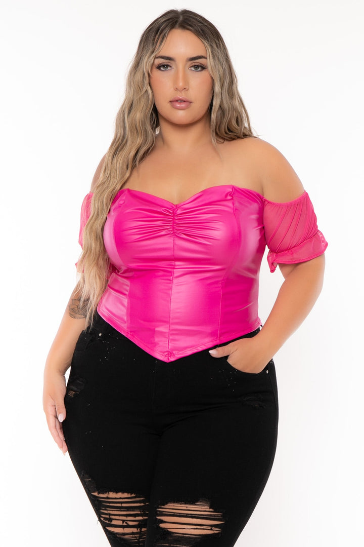 Curvy Sense Tops Plus Size Malia Faux Leather   Top- Fuchsia