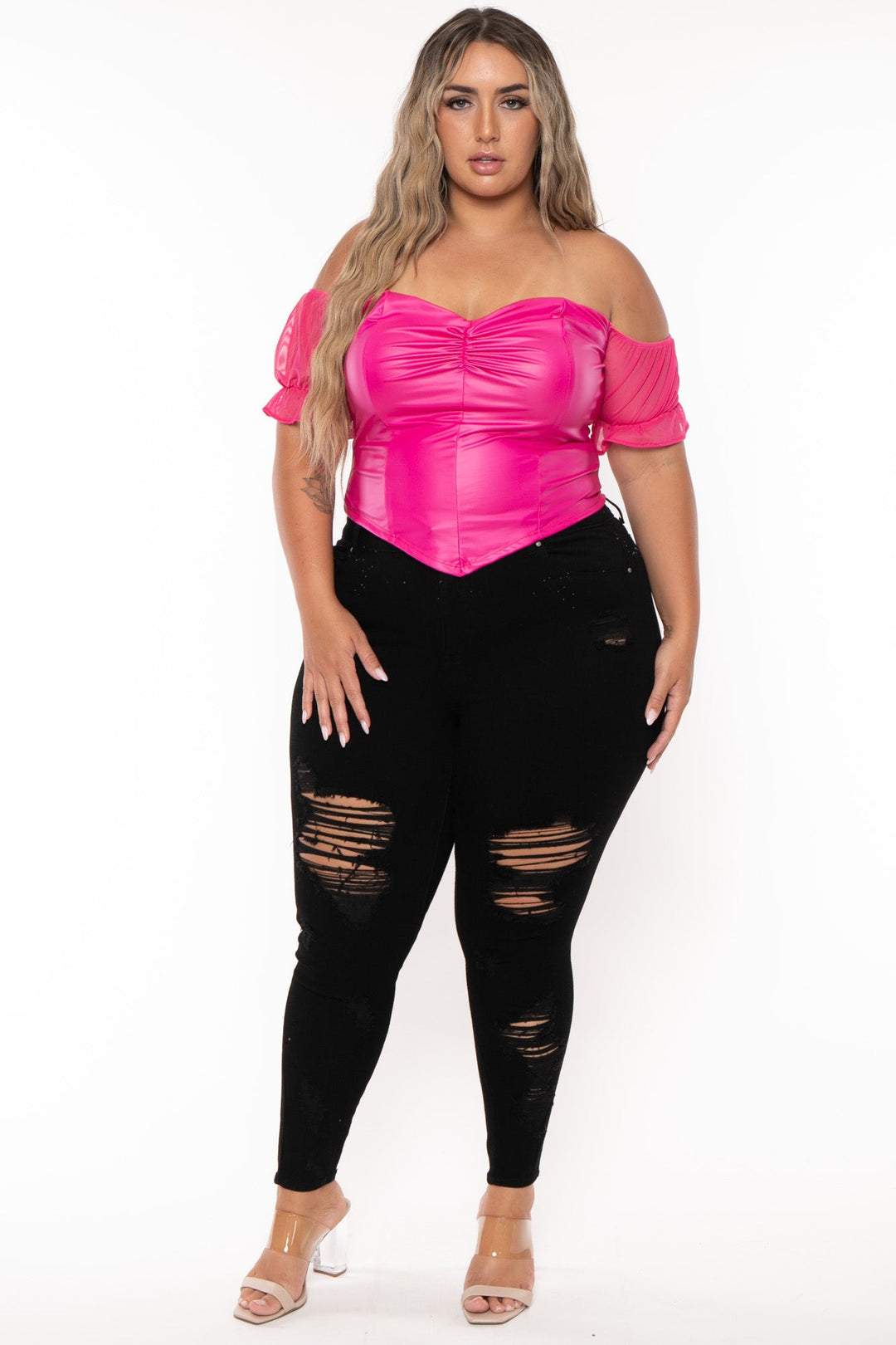 Curvy Sense Tops Plus Size Malia Faux Leather   Top- Fuchsia