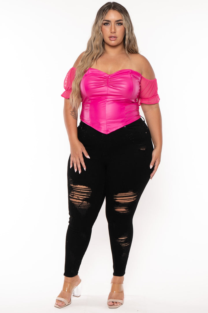 Curvy Sense Tops Plus Size Malia Faux Leather   Top- Fuchsia