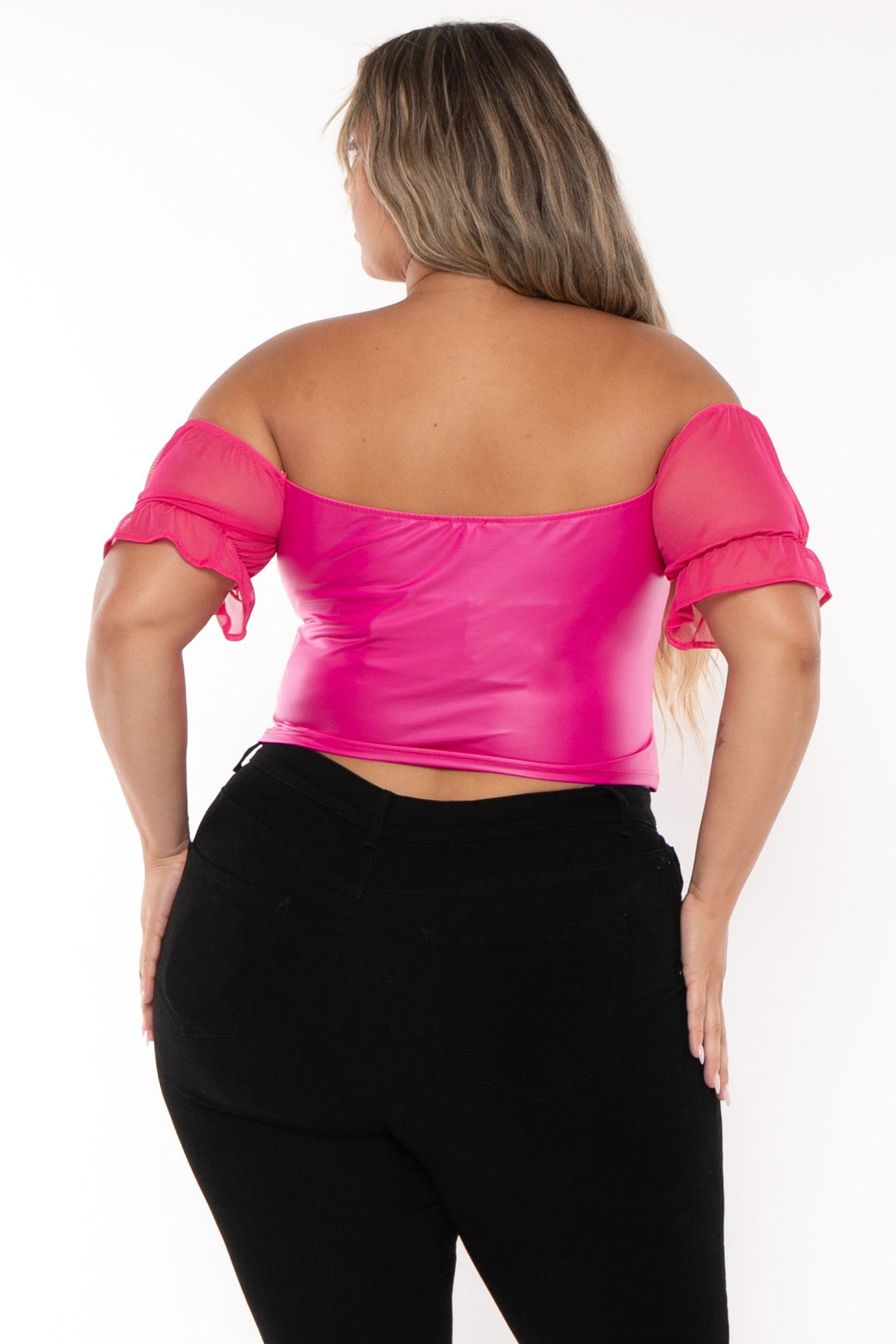 Curvy Sense Tops Plus Size Malia Faux Leather   Top- Fuchsia