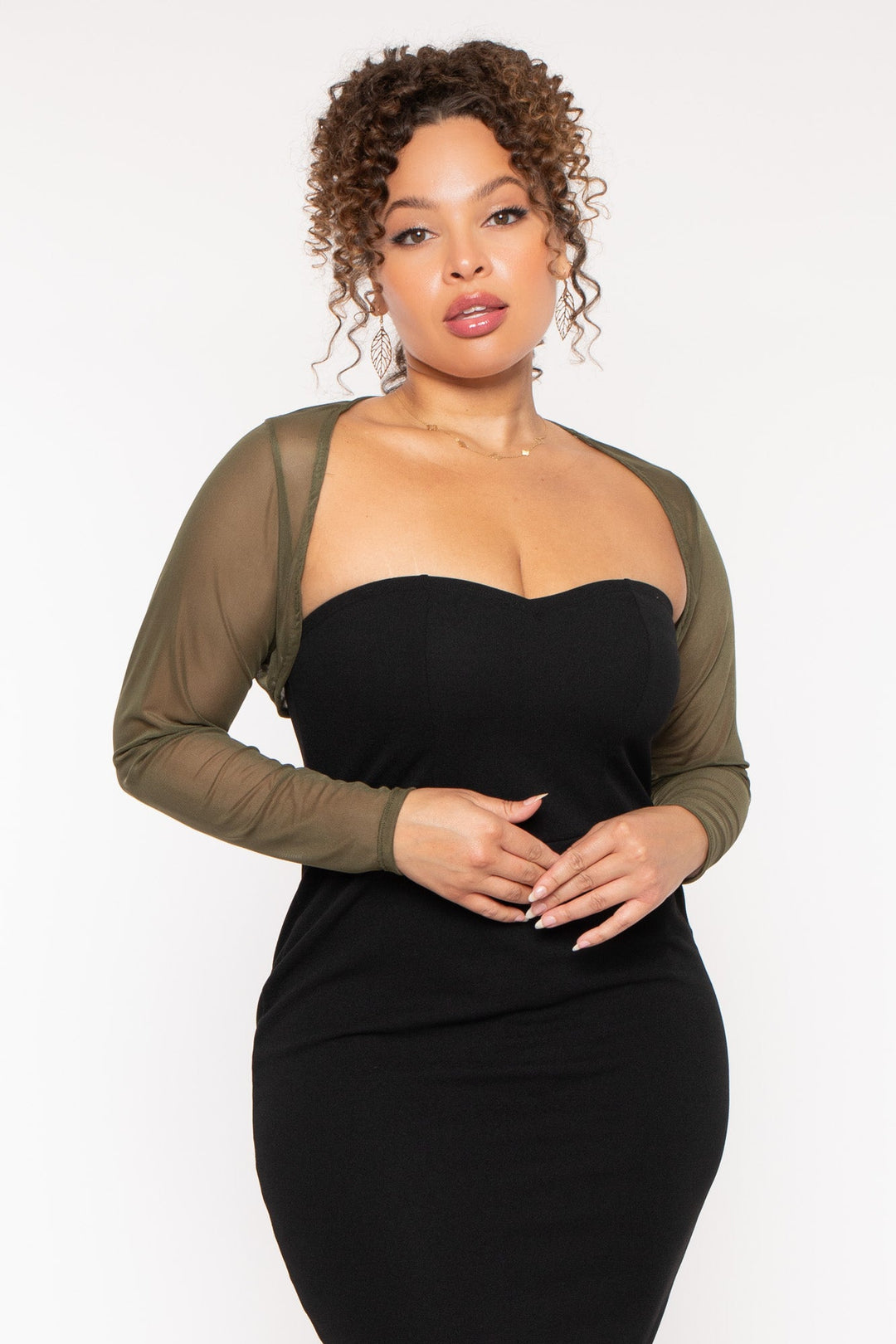 Curvy Sense Tops Plus Size Marcella  Mesh Bolero - Olive