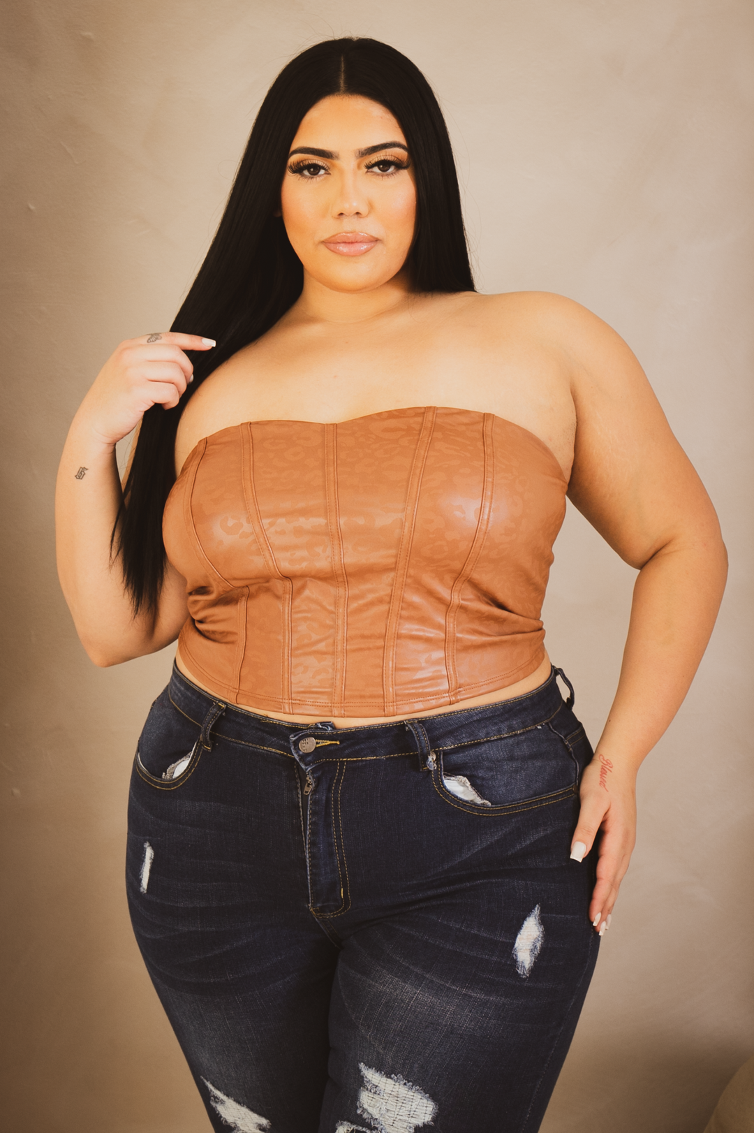 Plus Size Ena Vegan Leather Corset Top Brown1