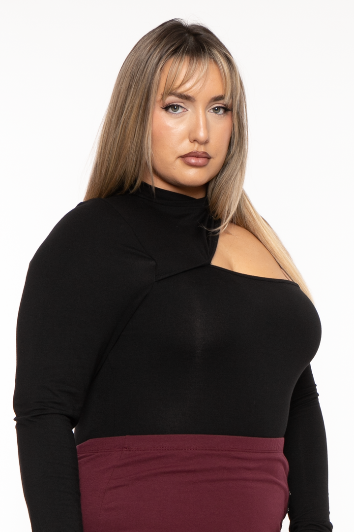 Curvy Sense Tops 1X / Black Plus Size Mila Asymmetric Bodysuit - Black