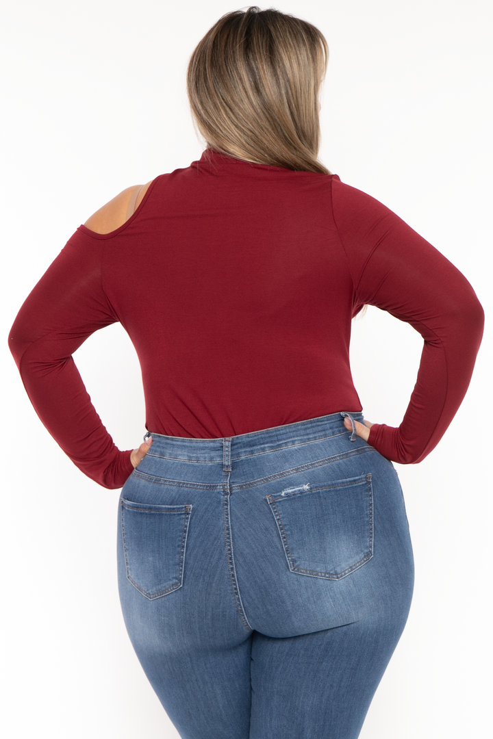 Curvy Sense Tops Plus Size Mila Asymmetric Bodysuit - Burgundy