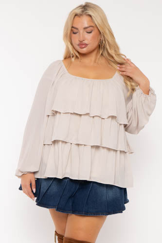 Jade By Jane Tops Plus Size Mindy Tiered Chiffon Top- Cream