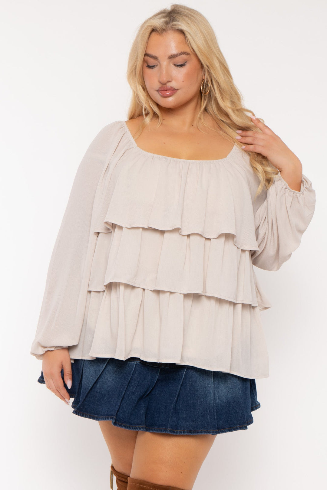 Jade By Jane Tops Plus Size Mindy Tiered Chiffon Top- Ivory