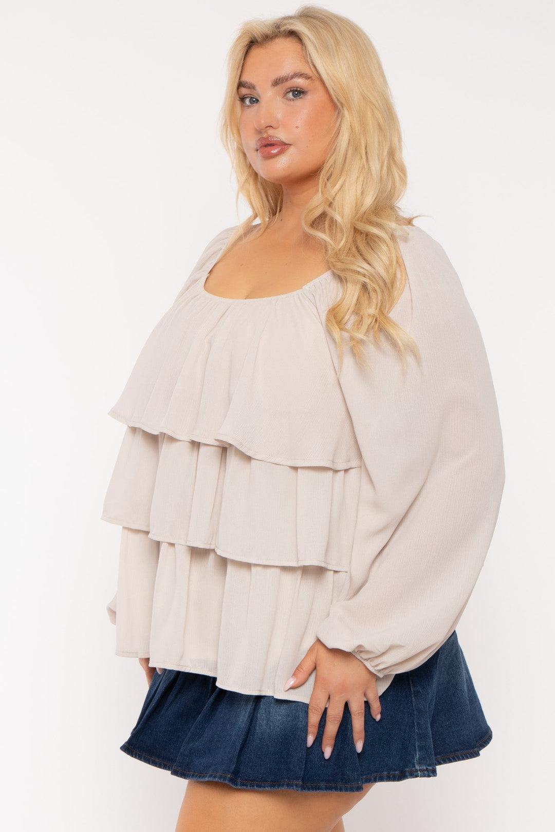 Jade By Jane Tops Plus Size Mindy Tiered Chiffon Top- Ivory