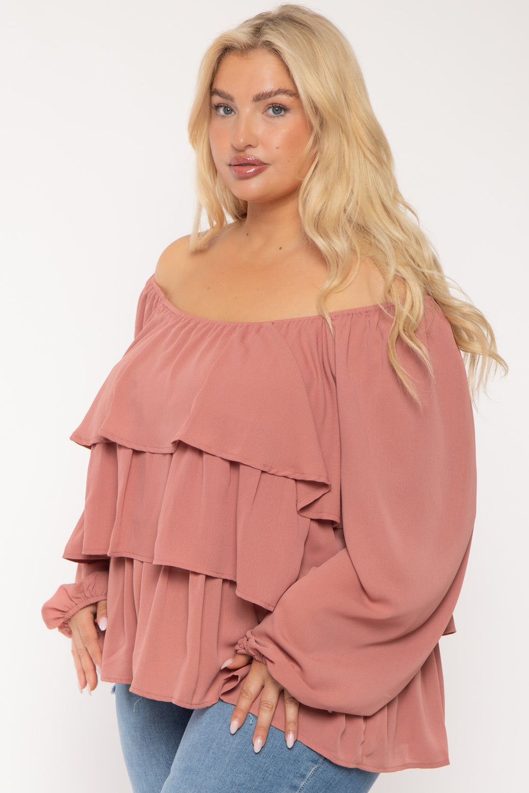 Jade By Jane Tops Plus Size Mindy Tiered Chiffon Top- Mauve