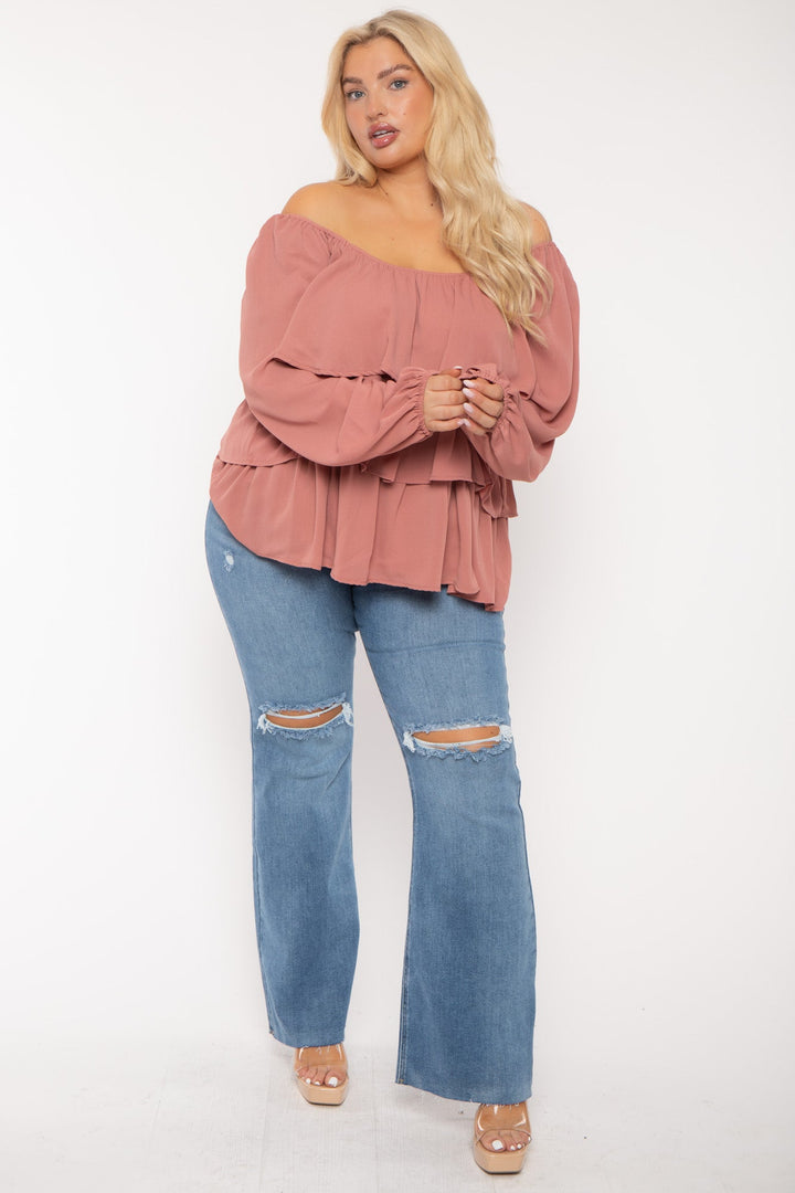 Jade By Jane Tops Plus Size Mindy Tiered Chiffon Top- Mauve