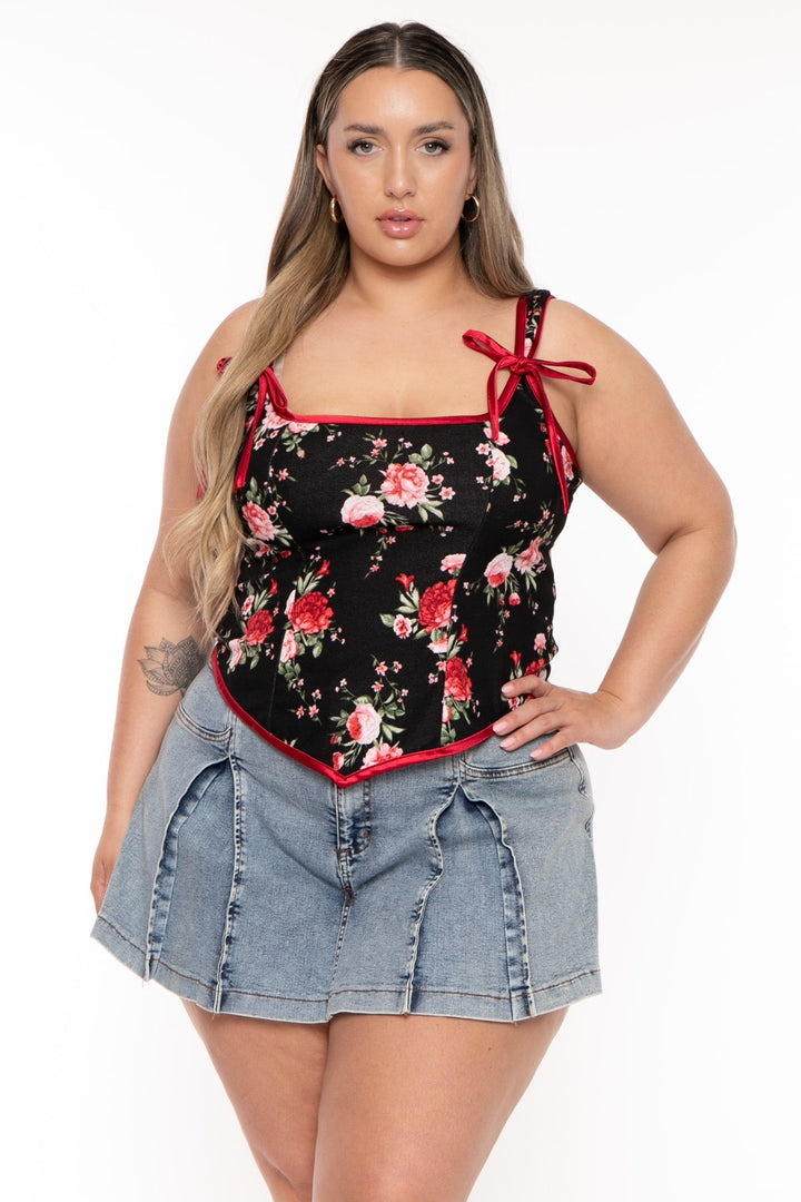 Curvy Sense Tops Plus Size Mirsa Floral  Corset Style Top -Black