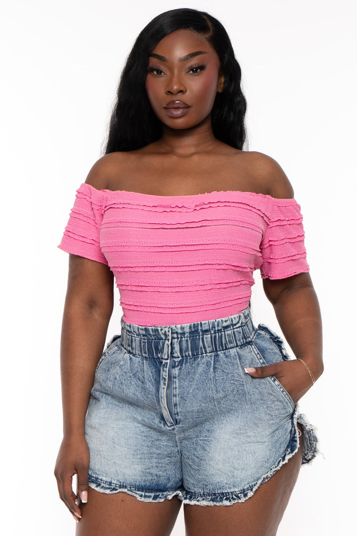 Curvy Sense Tops Plus Size Natalia Ruffle  Top -Pink