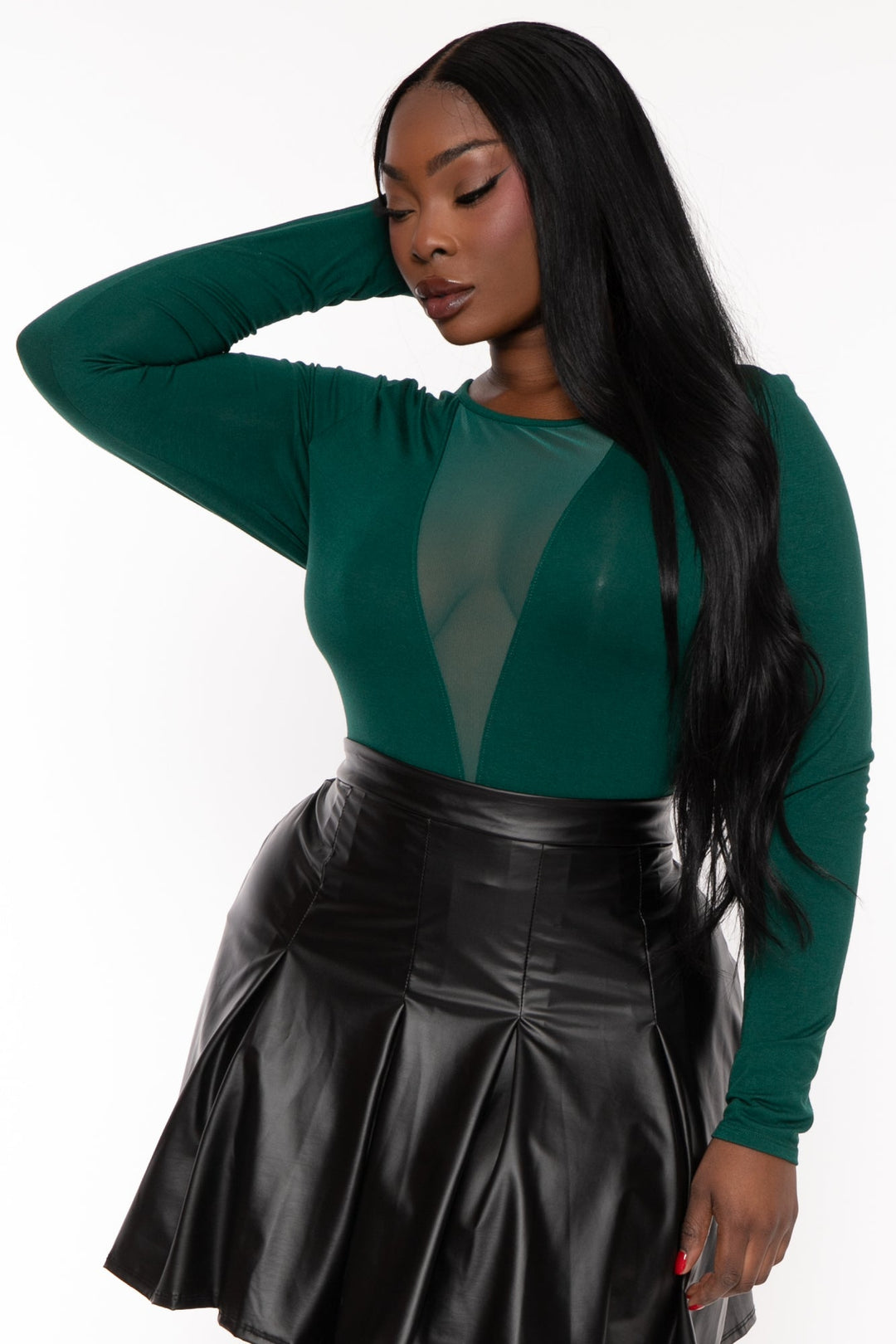 Curvy Sense Tops Plus Size Nicki Mesh Bodysuit- Green