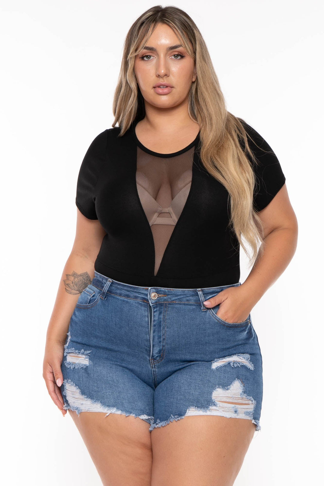 Curvy Sense Tops Plus Size Nicki Mesh SS Bodysuit- Black