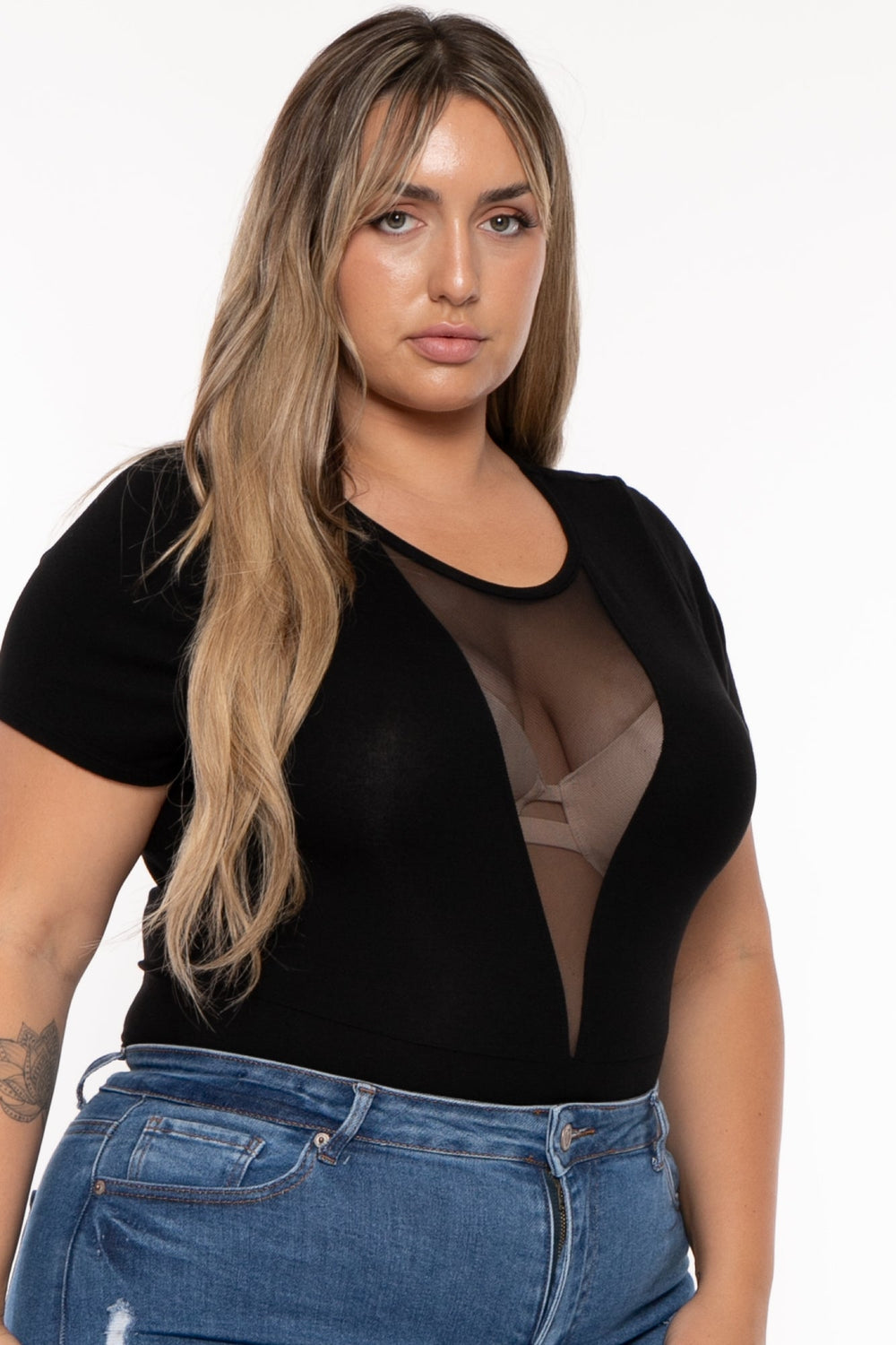 Curvy Sense Tops Plus Size Nicki Mesh SS Bodysuit- Black