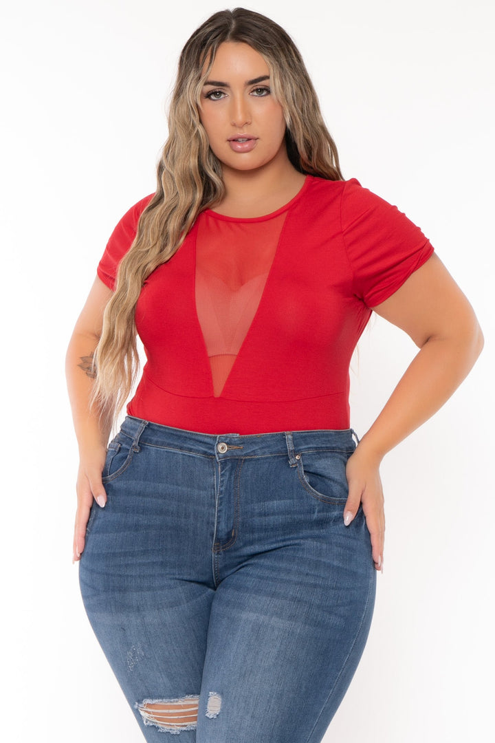 Curvy Sense Tops Plus Size Nicki Mesh SS Bodysuit- Red