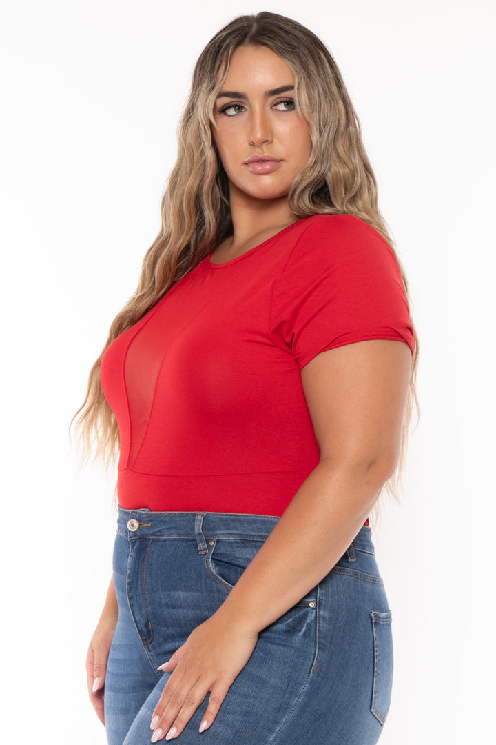 Curvy Sense Tops Plus Size Nicki Mesh SS Bodysuit- Red