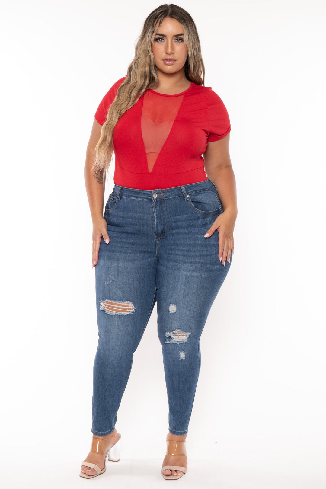 Curvy Sense Tops Plus Size Nicki Mesh SS Bodysuit- Red