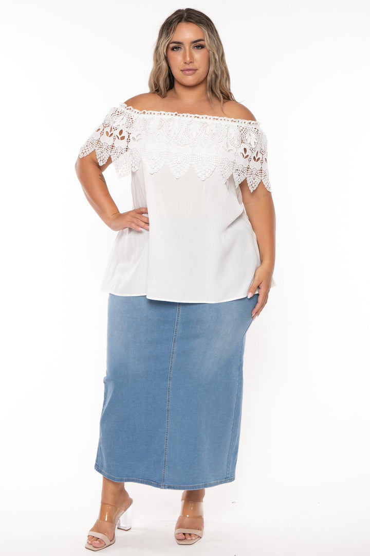 A.GAIN Tops Plus Size Off The Shoulder Crochet Lace Top - White