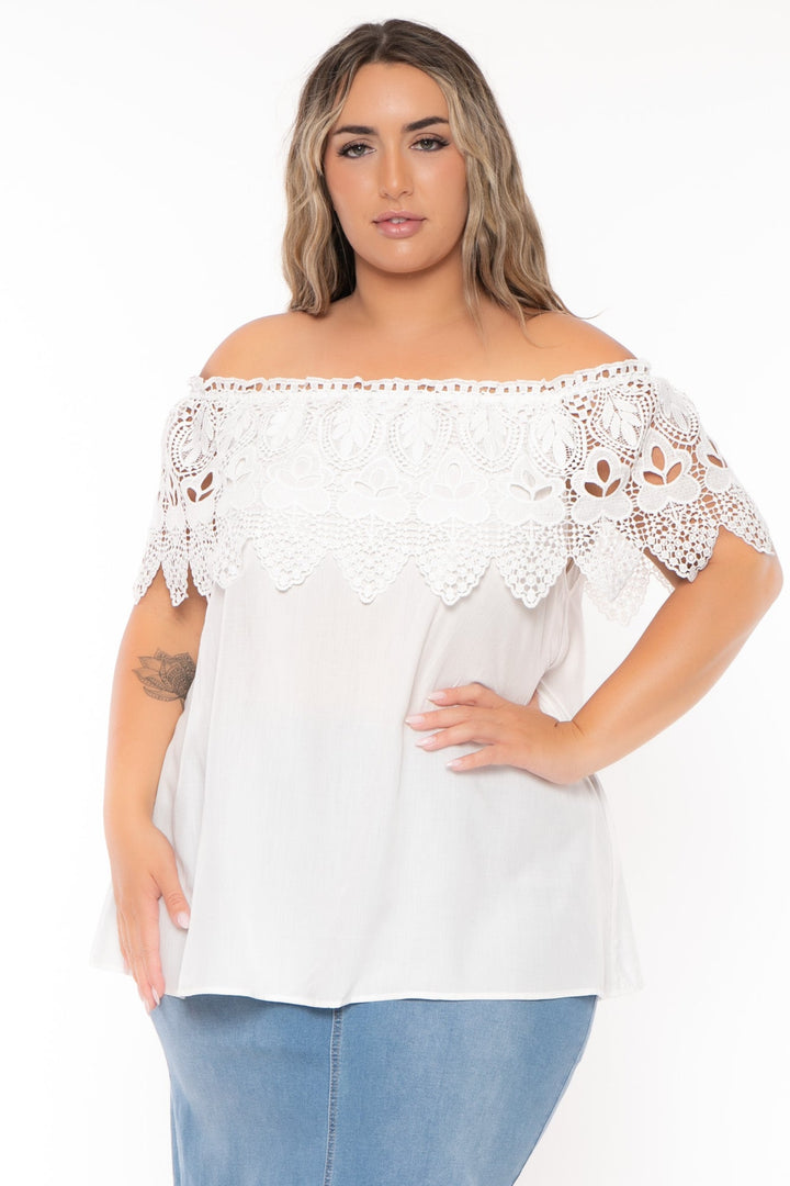 A.GAIN Tops Plus Size Off The Shoulder Crochet Lace Top - White