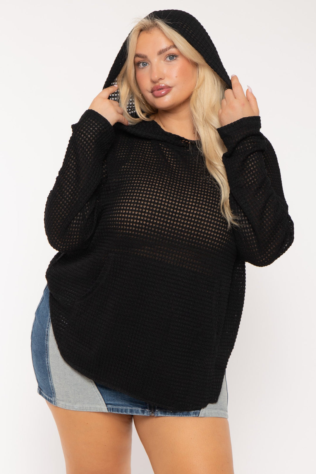 CULTURE CODE Tops Plus Size Oversize Waffle  Hoodie  Top - Black